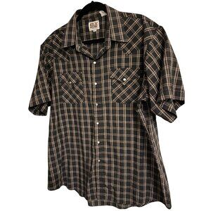 VINTAGE Ely Cattleman Men Button Up Shirt XL Brown Plaid Western Pearl Snap 90s